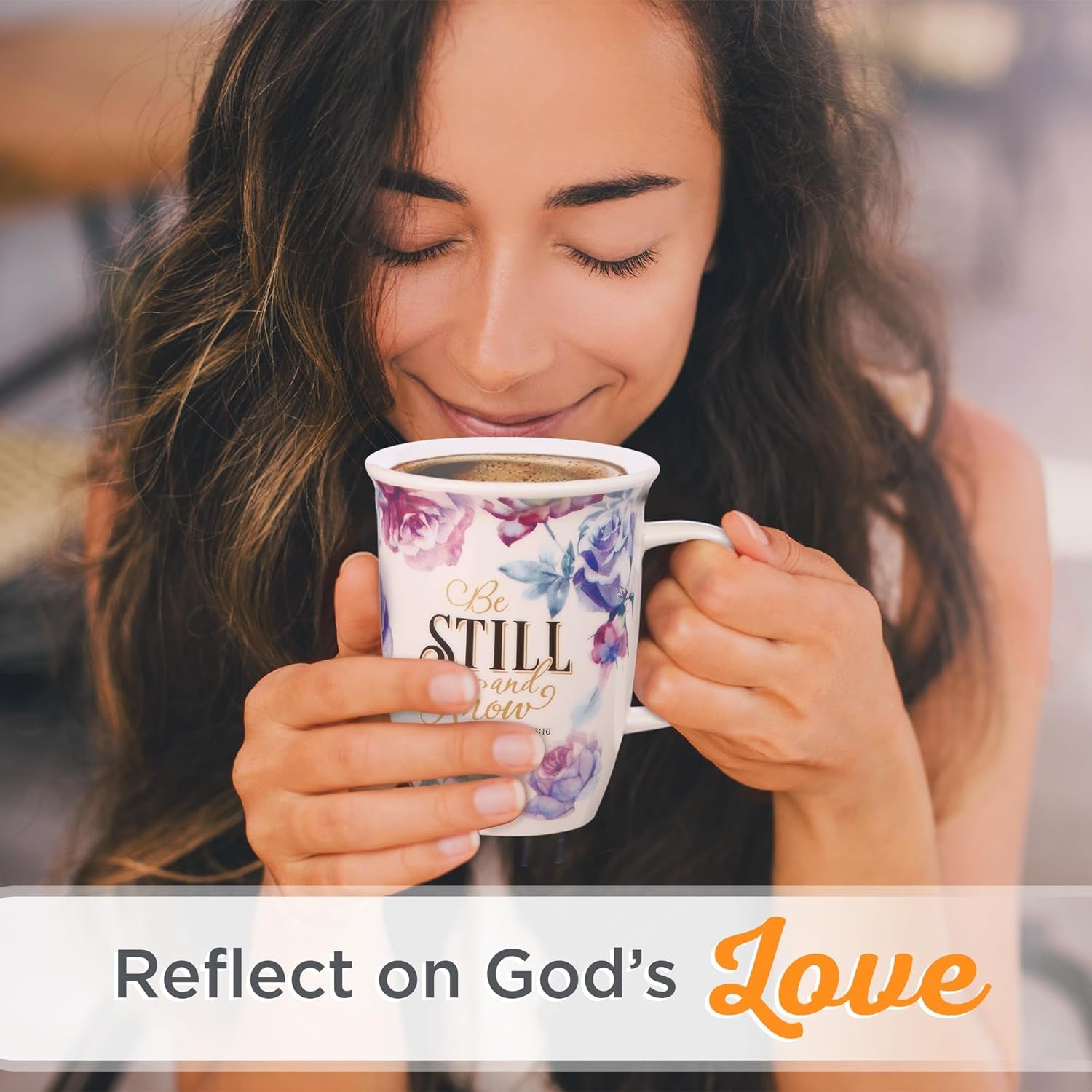 Rose Floral Ceramic Coffee Mug with Purple Lid – 13 Oz. Lead and Cadmium-Free Inspirational Scripture Coffee and Tea Mug for Women with Bible Verse: Be Still and Know – Psalm 46:10