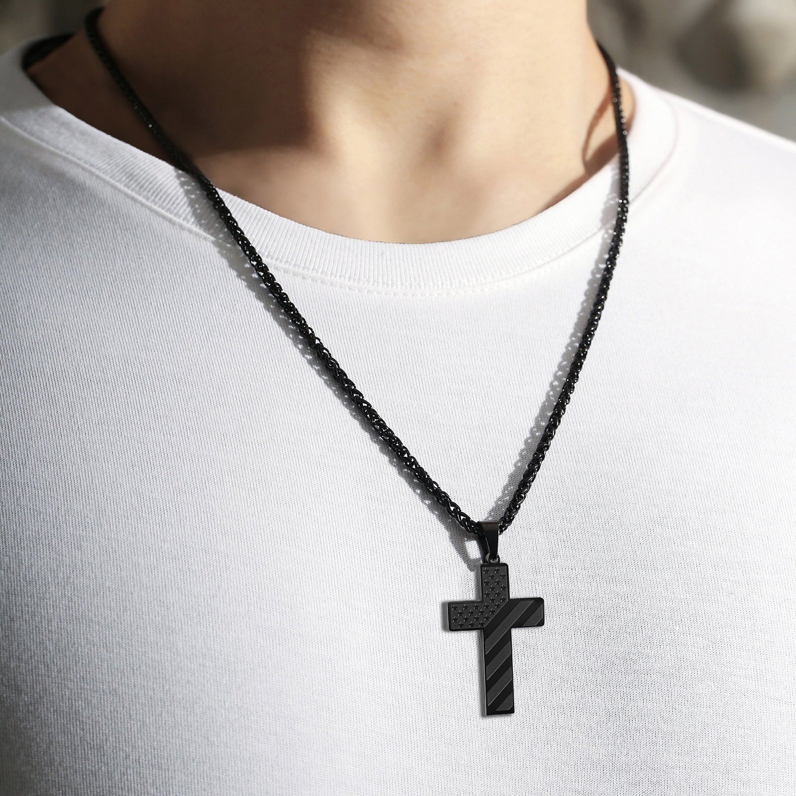 Cross Necklace for Men Stainless Steel Cross Pendant Chain American Flag USA Country Necklaces Religious Christian Jewelry Gifts Black