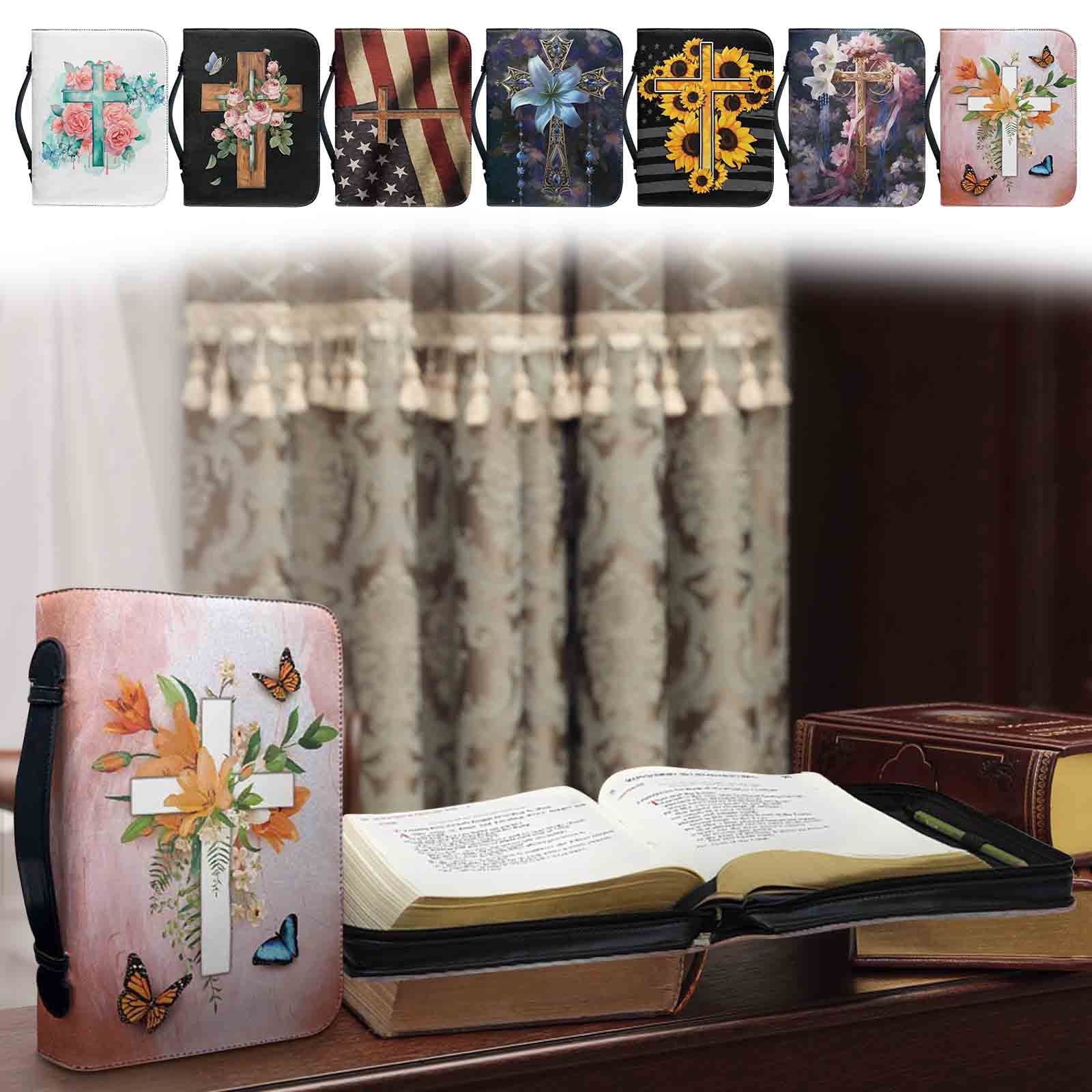 Floral Cross Bible Covers for Women, Christian Bible Book Carrying Bag Scripture Case Church Bag, Bible Protective with Handle Pockets Zippered Pocket