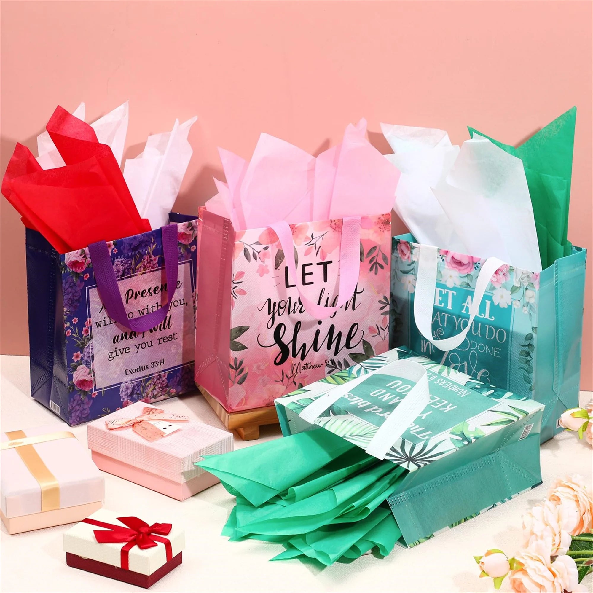 32 Pcs Bible Verse Flower Gift Bag with Handles Religious Reusable Gift Bags Bulk Christian Baptism Tote Bags Non Woven Gift Bags for Women Wedding Birthday Gift Wrapping Bags