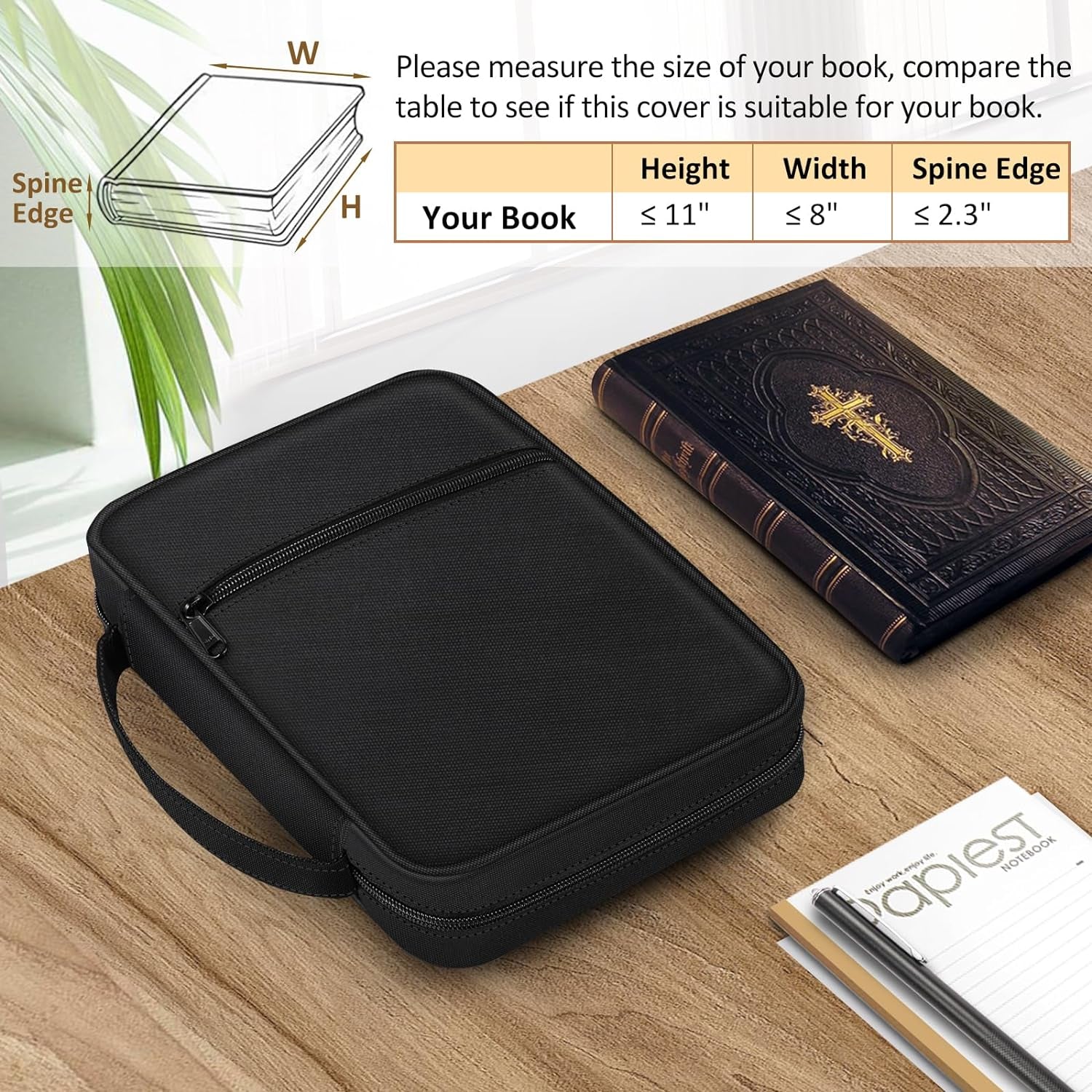 Bible Cover, Carrying Book Case Church Bag Bible Protective with Handle and Zippered Pocket, Gift for Mother Lady Women Men, Black