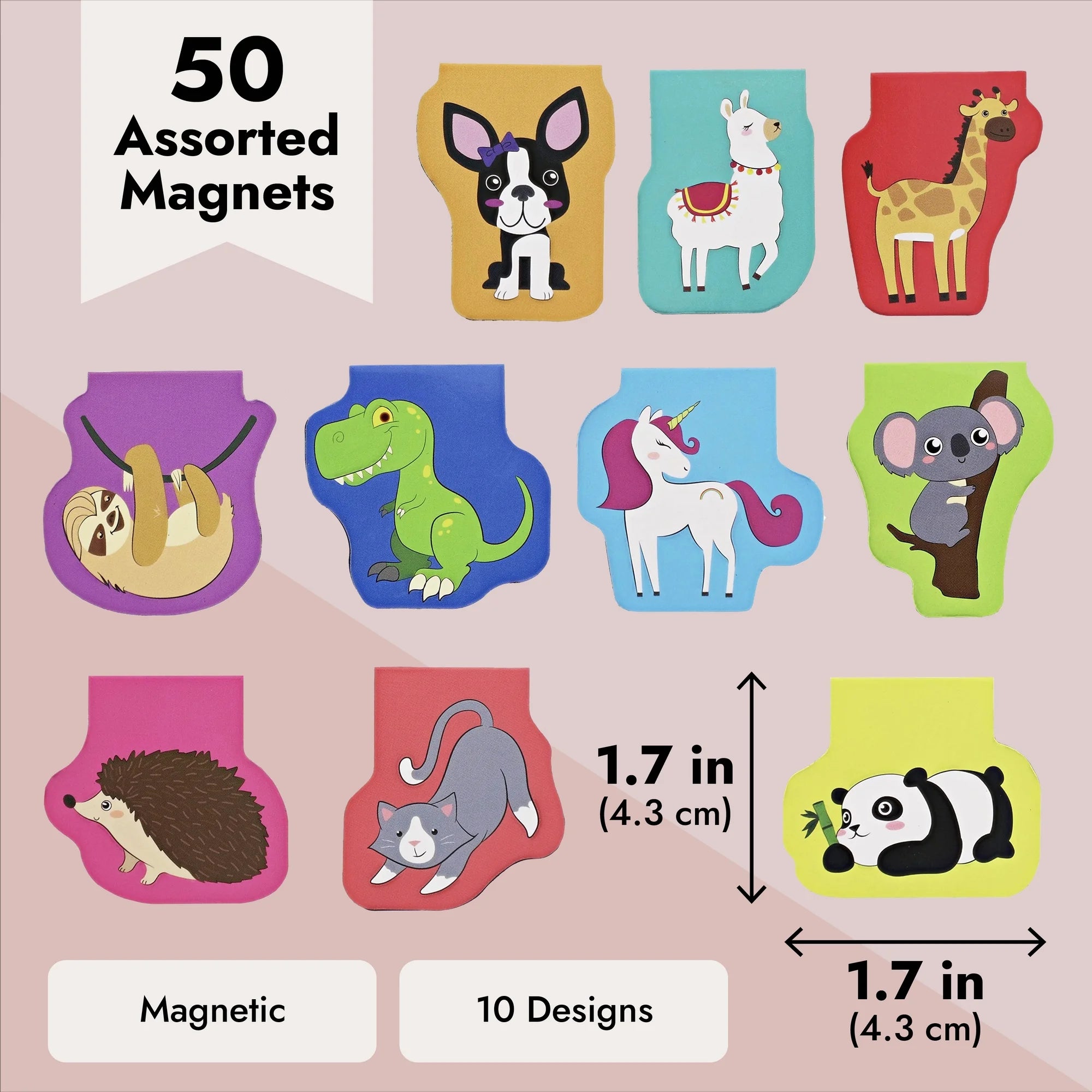 50-Pack Mini Assorted Colorful Animal Magnetic Bookmarks, Bulk Magnet Set, Page Clip Markers for Kids, Reading, Bookclub, School Book Fairs (10 Designs, 1.7X1.7 In), Ages 3-14
