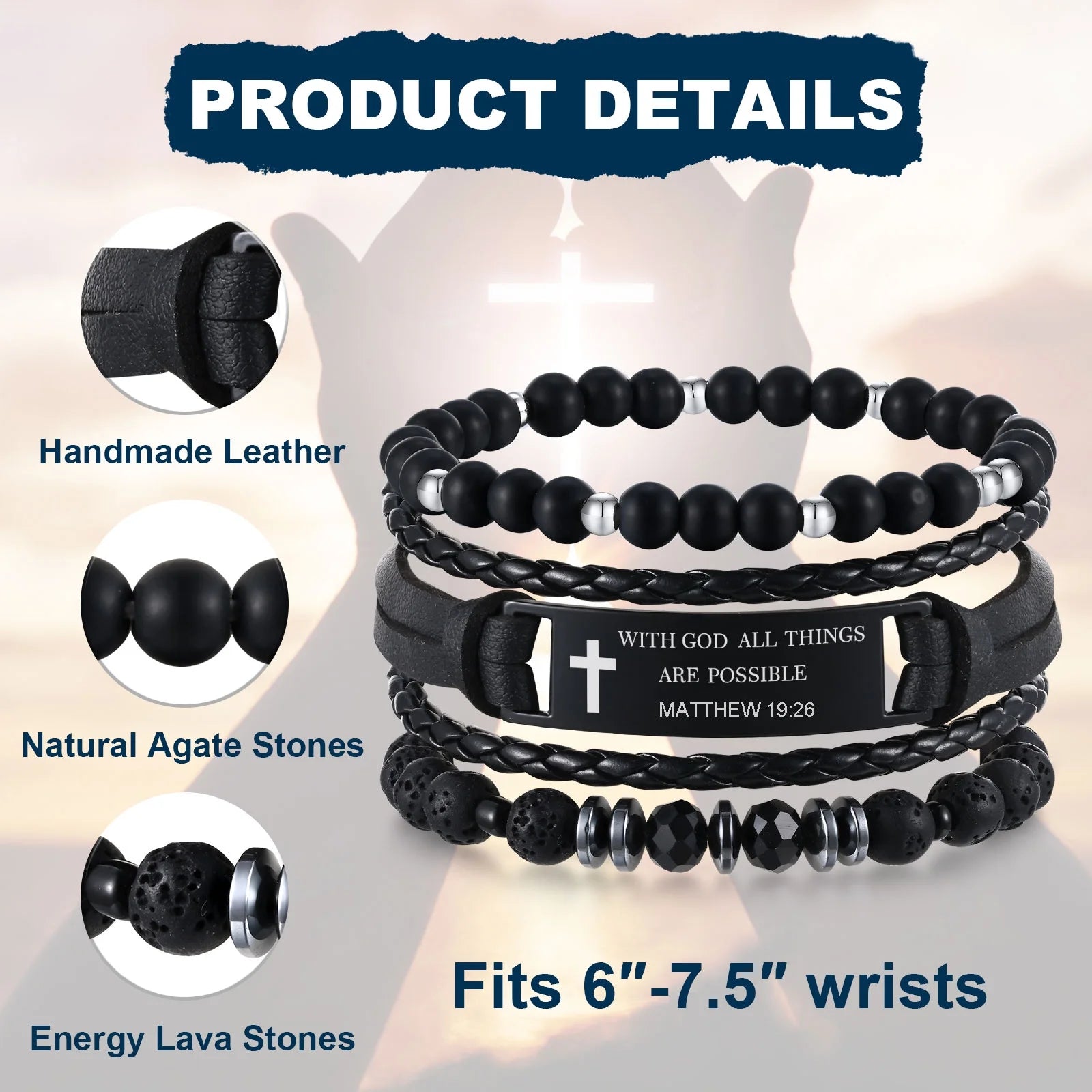 Christian Bible Verse Bracelets for Men, 3 Pcs Inspirational Religious Scripture Quotes Black Onyx Lava Rock Bead Cross Braided Leather Jesus Bracelet, First Communion Confirmation Baptism Gifts