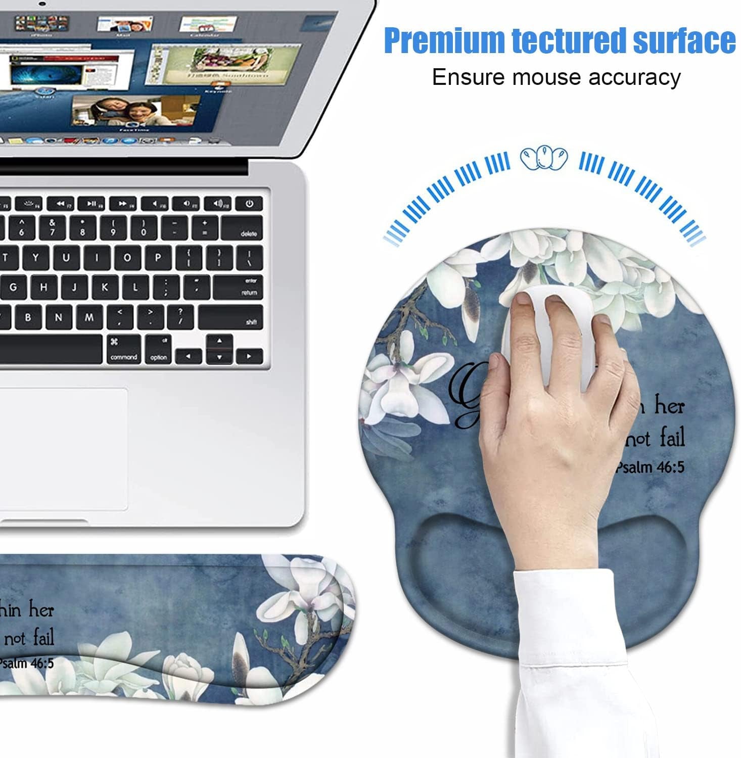 Keyboard Wrist Rest + Mouse Pad Wrist Support Set with Coasters, Non-Slip PU Base Ergonomic Mousepad for Home Office Working Studying Easy Typing & Pain Relief, Quote Bible Verses Psalm 46:5
