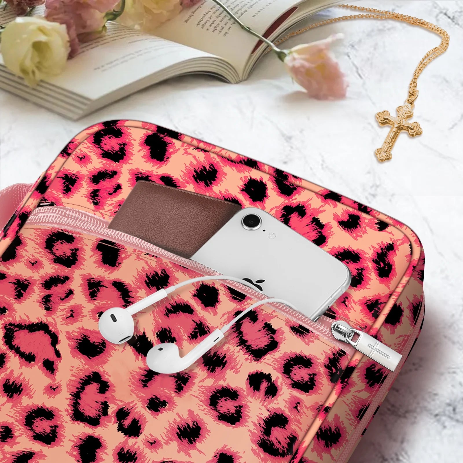 Bible Cover, Carrying Book Case Church Bag Bible Protective with Handle and Zippered Pocket, Perfect Gift for Men Women Father, Pink Leopard