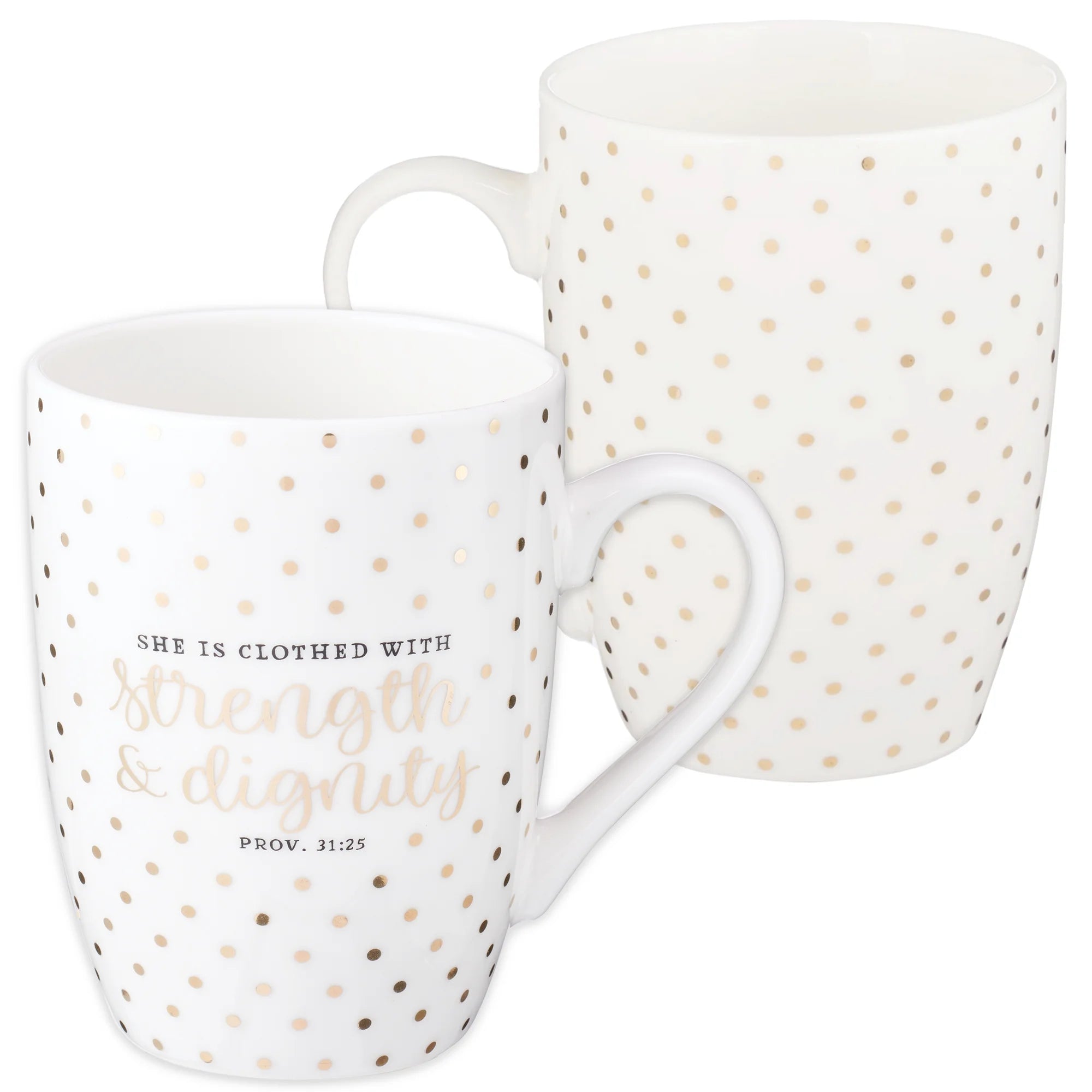Inspirational Novelty Ceramic Coffee & Tea Scripture Mug for Women: Strength & Dignity Encouraging Bible Verse Proverb, Gold Polka Dots, Lead & Cadmium-Free Non-Toxic Cup, 12 Oz.