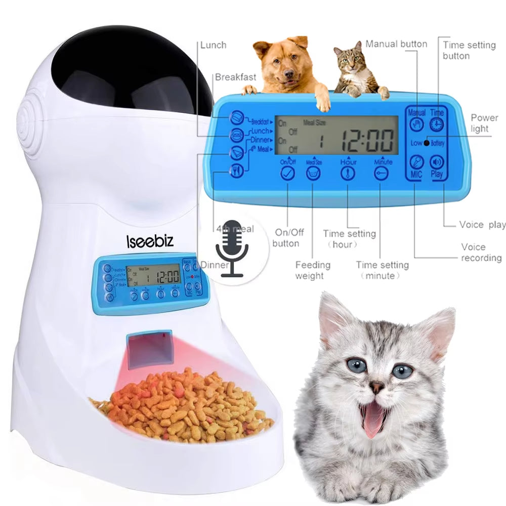 Iseebiz 3L Automatic Pet Feeder with Voice Record Pets Food Bowl for Medium Small Dog Cat LCD Screen Dispensers 4 Times One Day