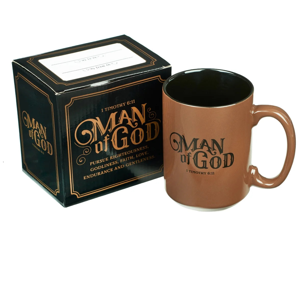 Large Ceramic Coffee & Tea Mug for Men, Dads & Pastors: Man of God Inspirational Bible Verse, Lead/Cadmium-Free, Non-Toxic Microwave/Dishwasher Safe Drinkware, Brown/Black, 14 Oz.