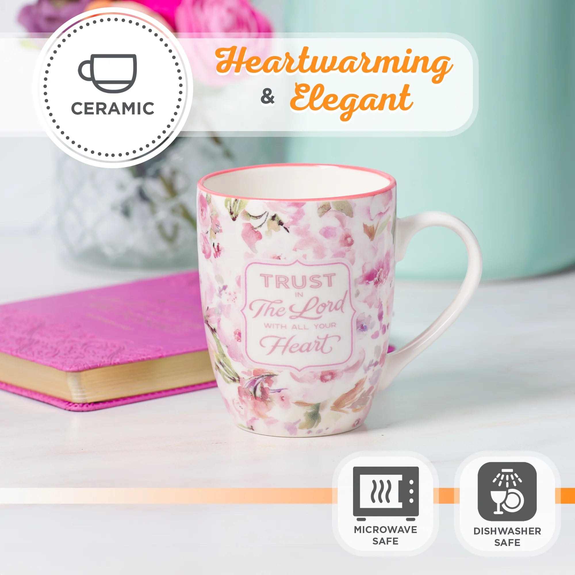 Encouraging Ceramic Coffee & Tea Bible Verse Mug for Women: Trust in the Lord Inspirational Scripture Proverb, Microwave & Dishwasher Safe, White & Pink Watercolor Floral, 12 Oz.