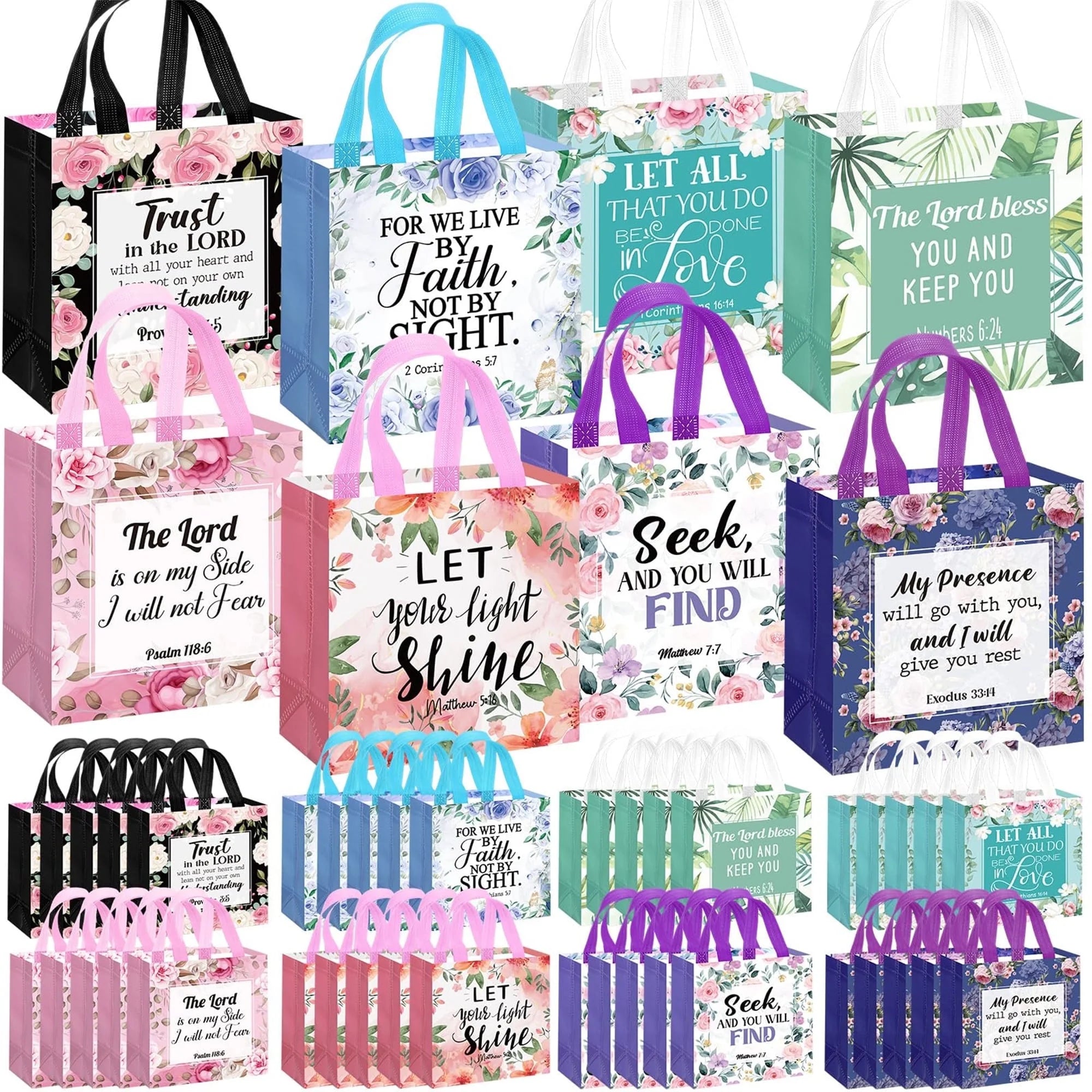 32 Pcs Bible Verse Flower Gift Bag with Handles Religious Reusable Gift Bags Bulk Christian Baptism Tote Bags Non Woven Gift Bags for Women Wedding Birthday Gift Wrapping Bags