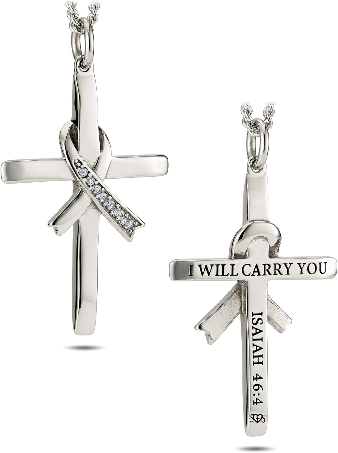 Women'S Stainless Cross with Crystal Ribbon Necklace Isaiah 46:4 Christian Jewelry