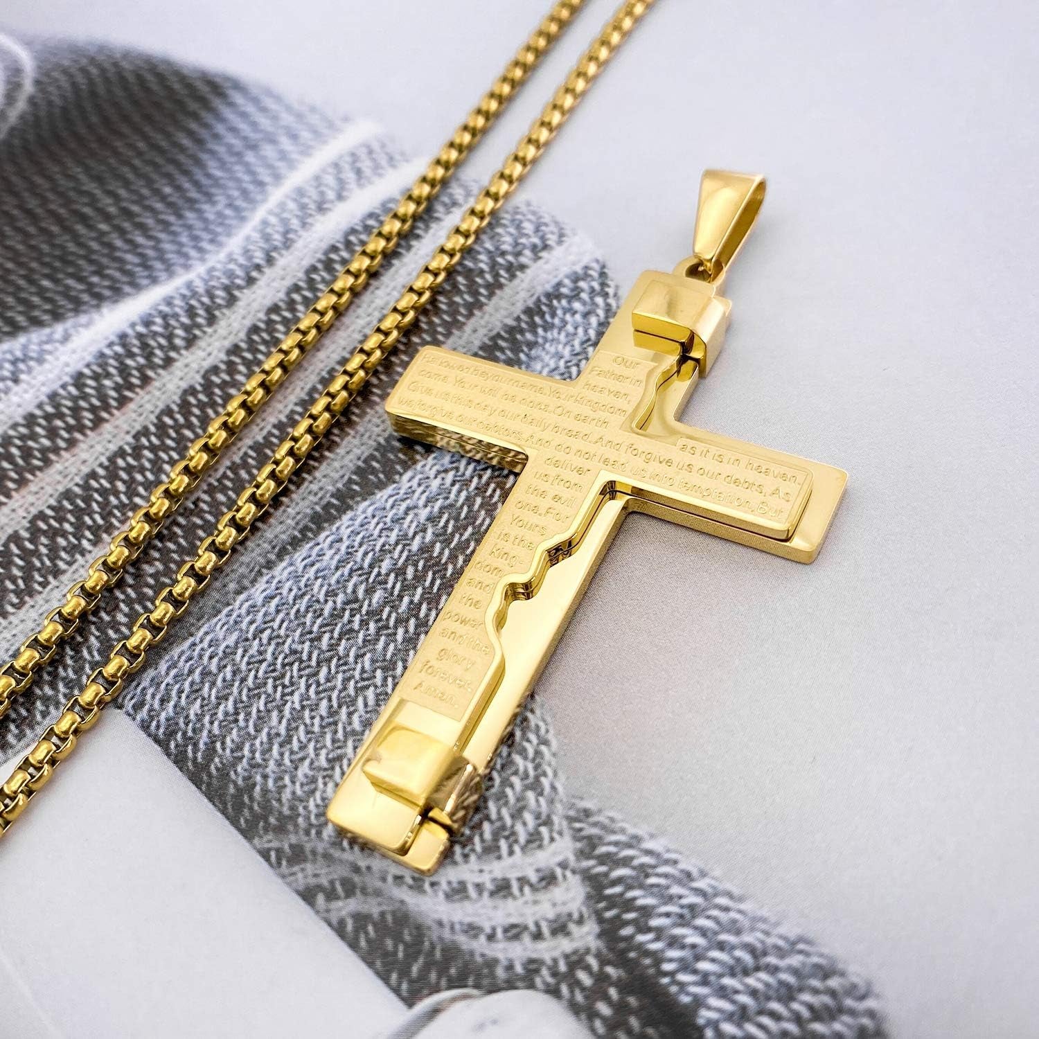 Lord'S Prayer Stainless Steel Cross Pendant Necklace Religion Cross Chain Inspirational Gift for Men&Women
