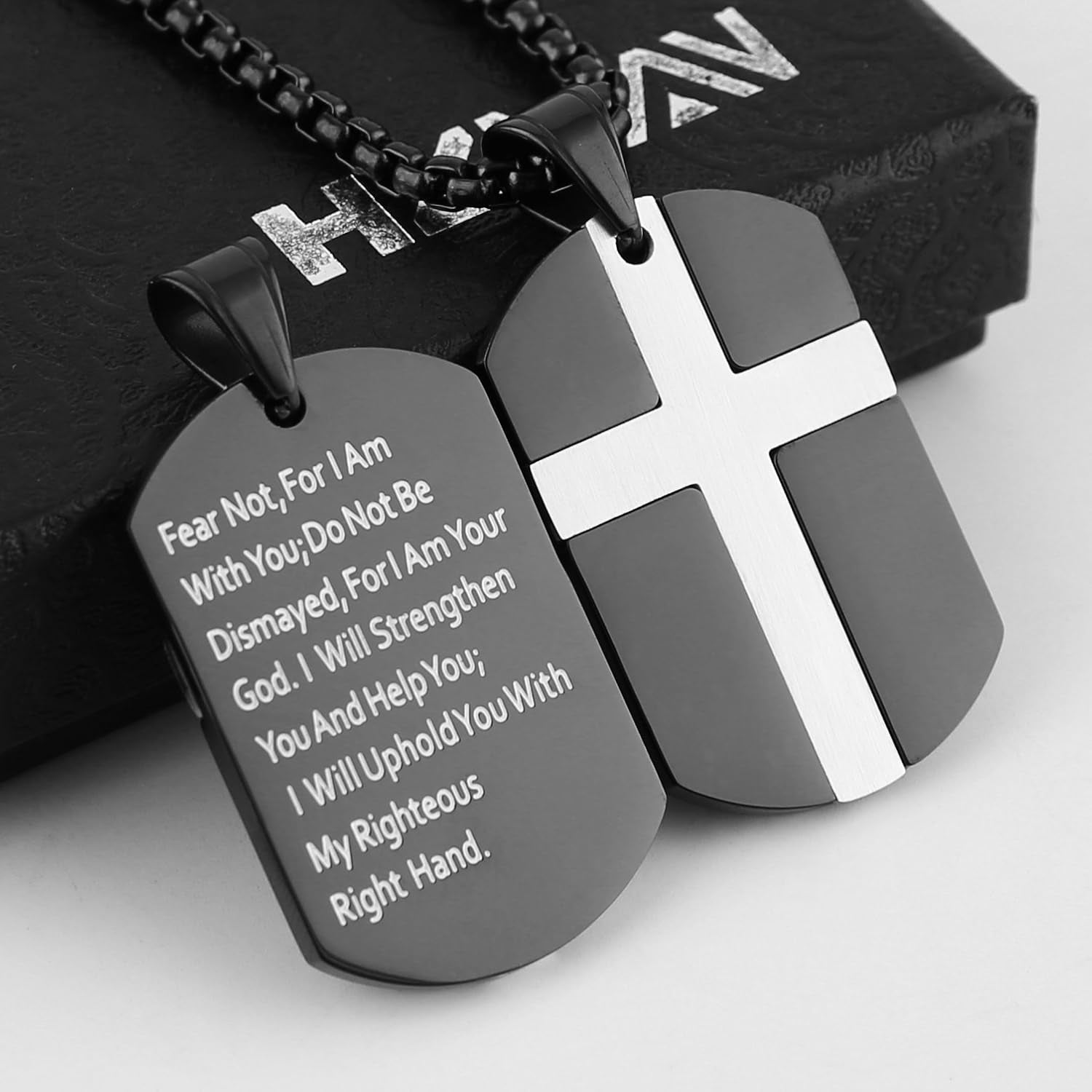 Isaiah 41:10 Jewelry, Stainless Steel Cross Dog Tag Necklace STRENGTH Bible Verse