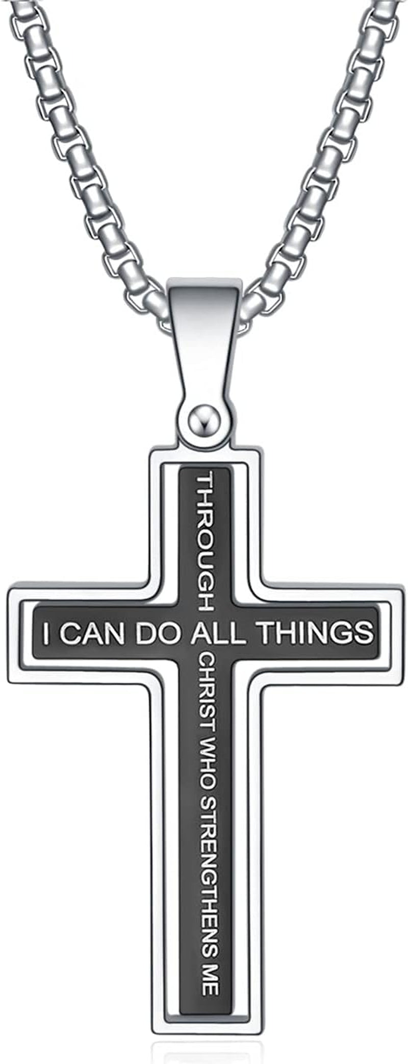 Cross Necklace for Men, Philippians 4:13 Christian Cross Stainless Steel Necklaces for Men
