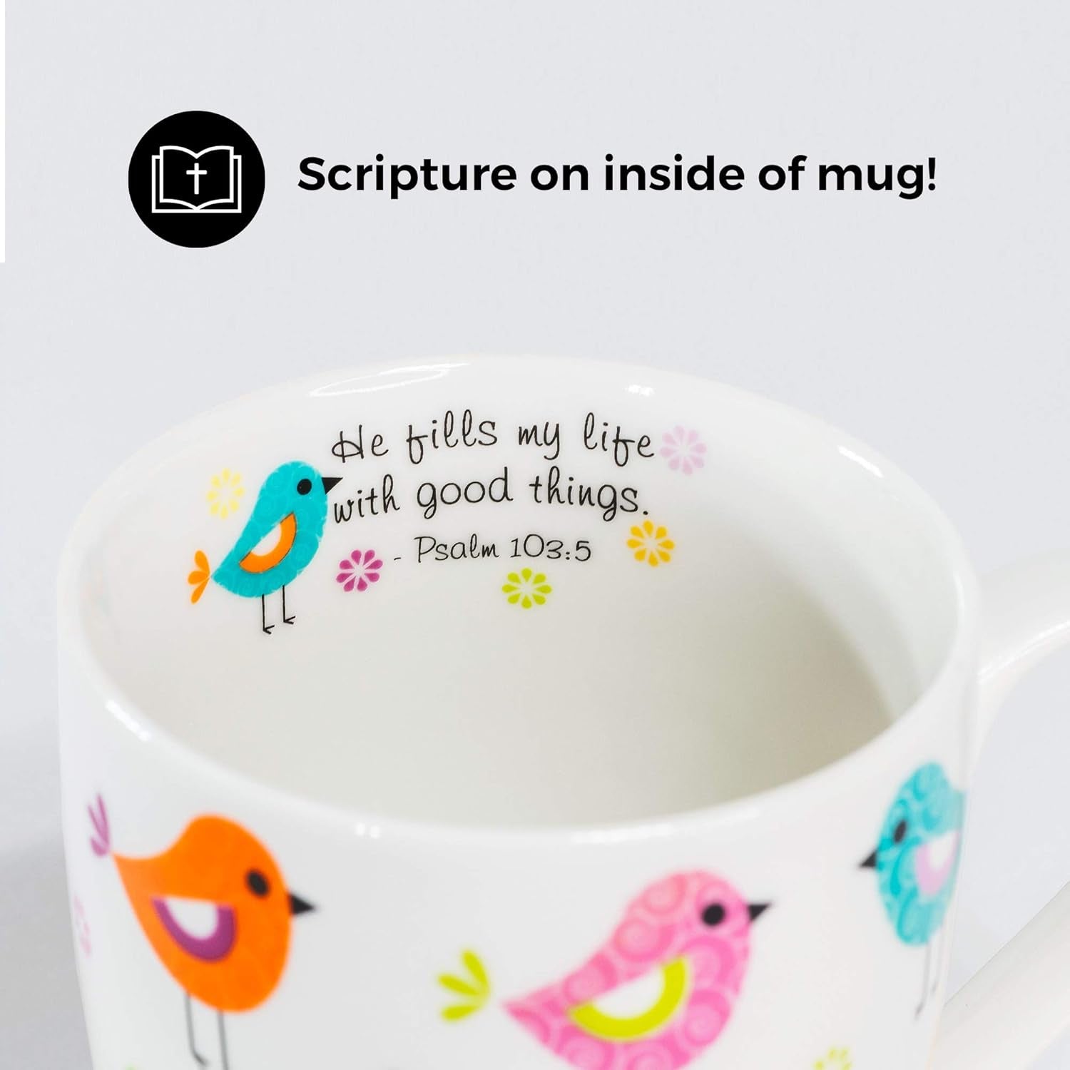 Inspirational Ceramic Mug with Birds-Psalm 103:5, He Fills My Life with Good Things, Multicolor, One Size, 12 Ounces