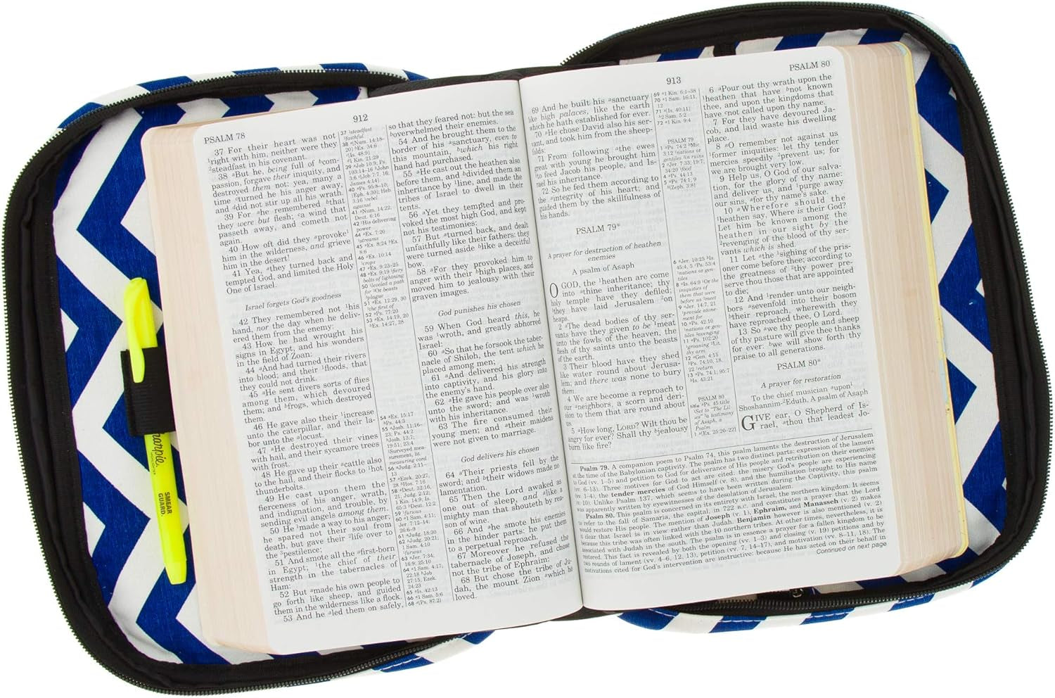 Premium Canvas Compact Bible Cover with Carrying Handle, Book Protector with Pockets Colorful Chevron Bible Case with Zipper and Pen Holder for Women, Girls, Ladies (Navy Chevron)