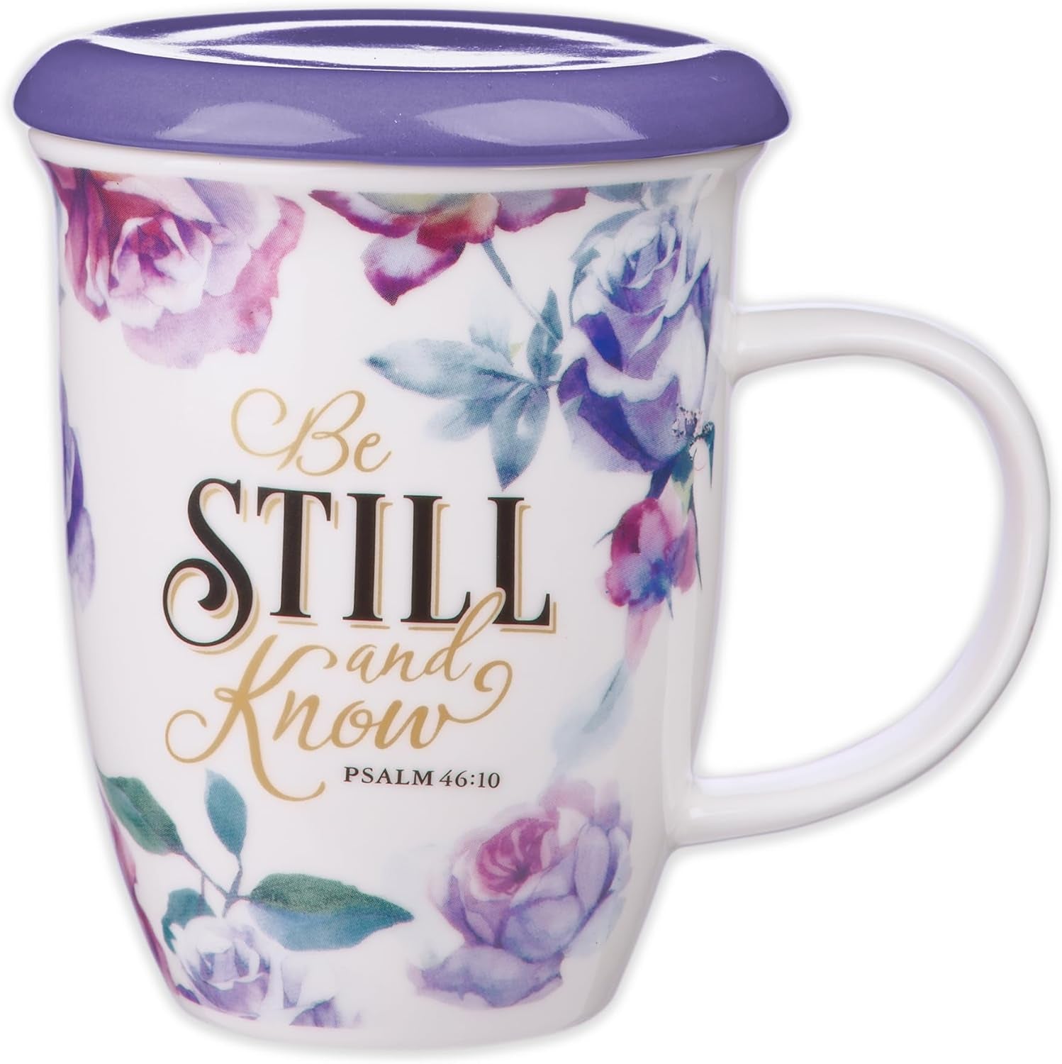 Rose Floral Ceramic Coffee Mug with Purple Lid – 13 Oz. Lead and Cadmium-Free Inspirational Scripture Coffee and Tea Mug for Women with Bible Verse: Be Still and Know – Psalm 46:10