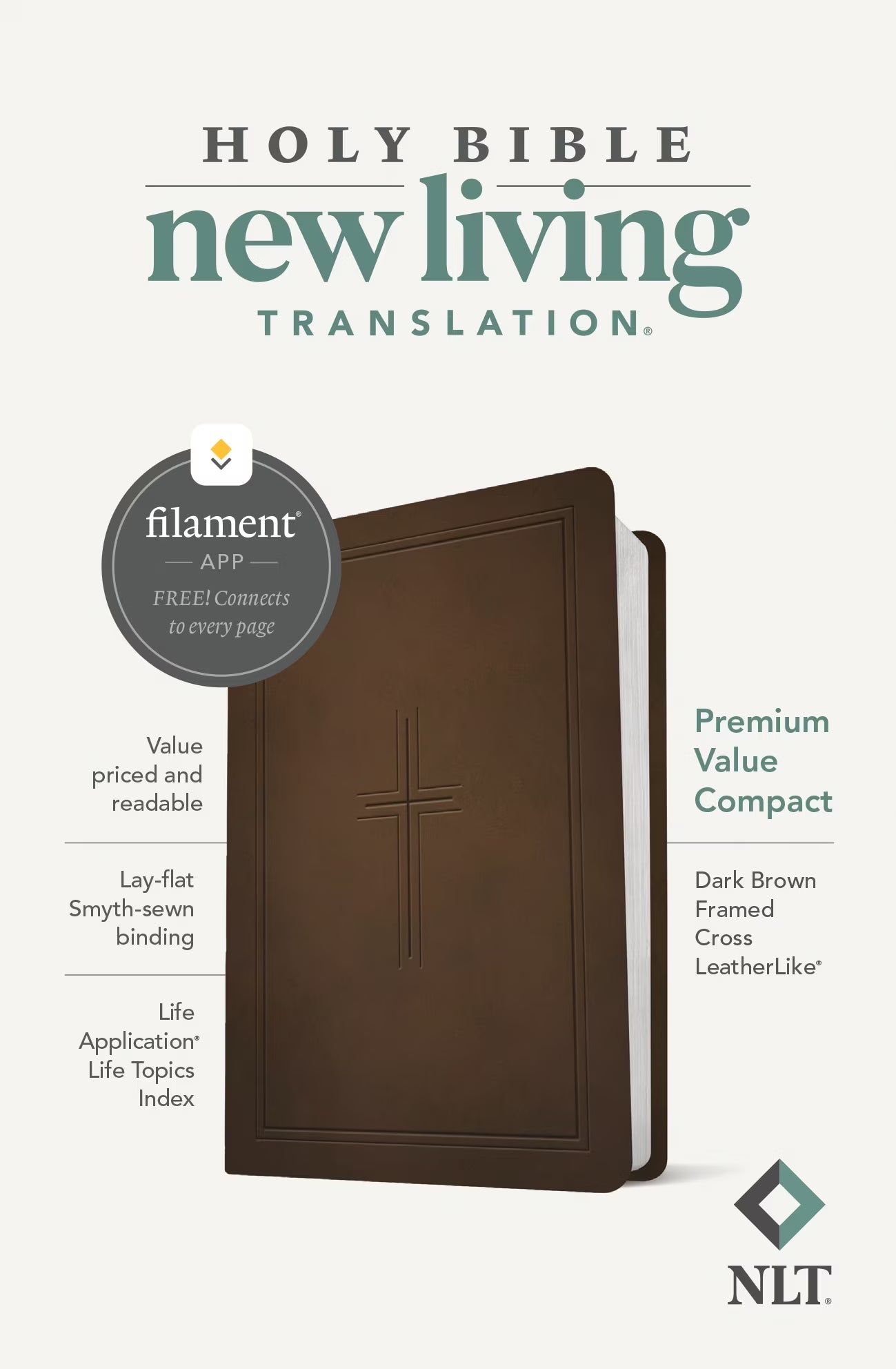 NLT Premium Value Compact Bible, Filament Enabled (Leatherlike, Dark Brown Framed Cross) (Hardcover)