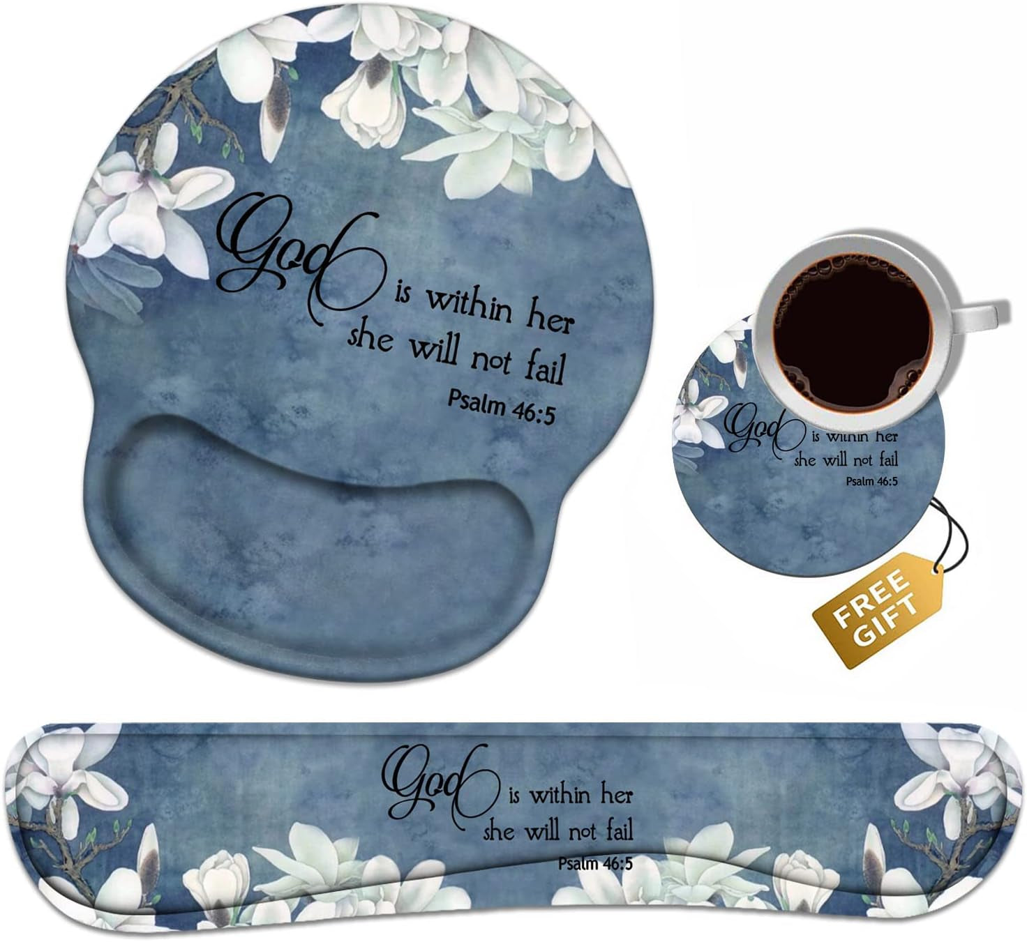 Keyboard Wrist Rest + Mouse Pad Wrist Support Set with Coasters, Non-Slip PU Base Ergonomic Mousepad for Home Office Working Studying Easy Typing & Pain Relief, Quote Bible Verses Psalm 46:5