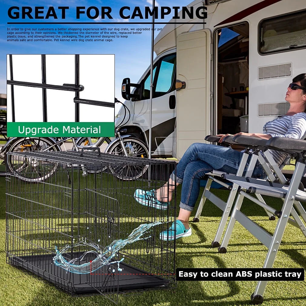 42 Inch Dog Cage for Large Dogs Indoor, Folding Dog Crates and Kennels Double Door, Black Dog Kennels for Large Dogs,Pet Cage with Tray Pan for Dogs