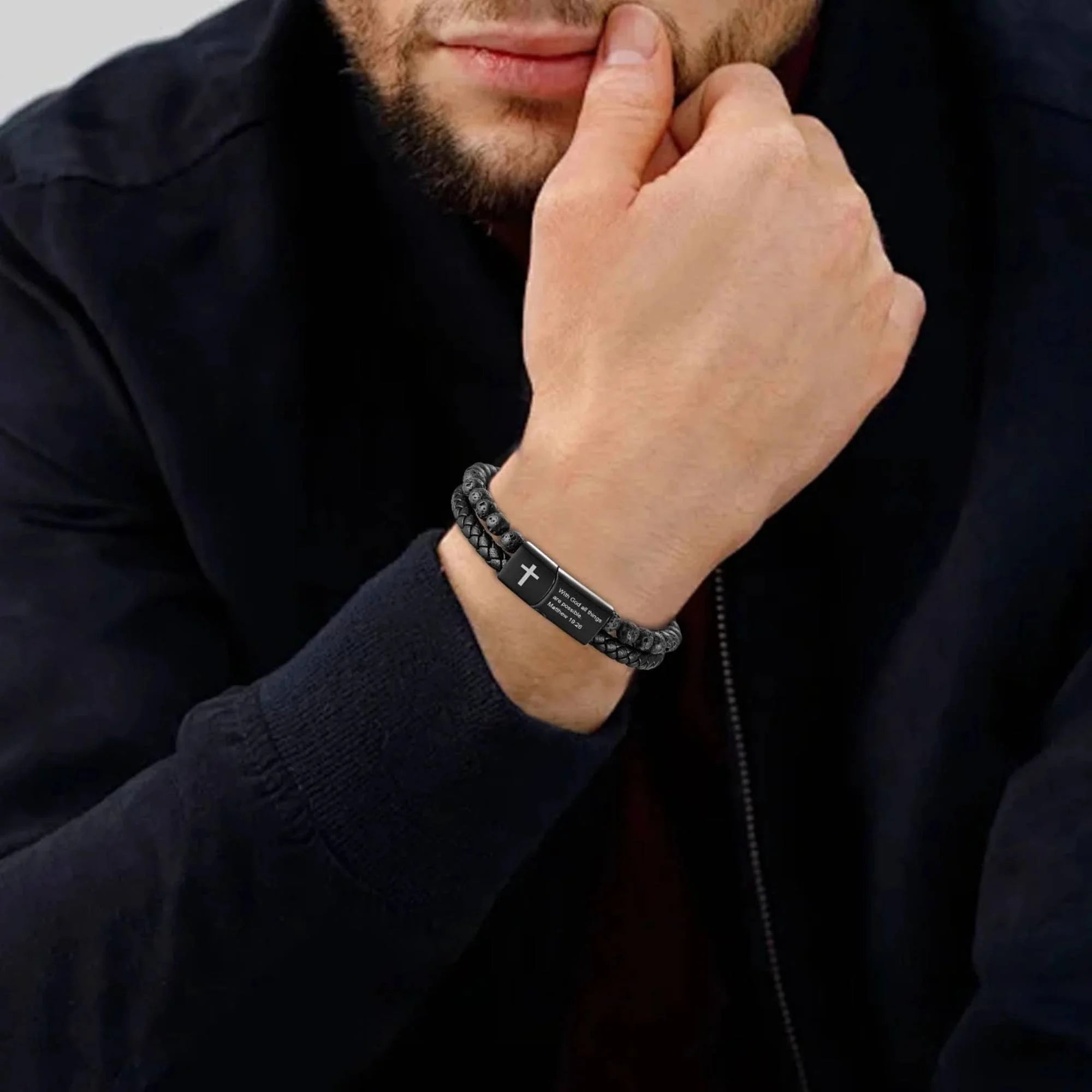 Bible Verse Cross Bracelet for Men Stainless Steel Lava Rock Bead Leather Cuff Bracelet Christian Jewelry