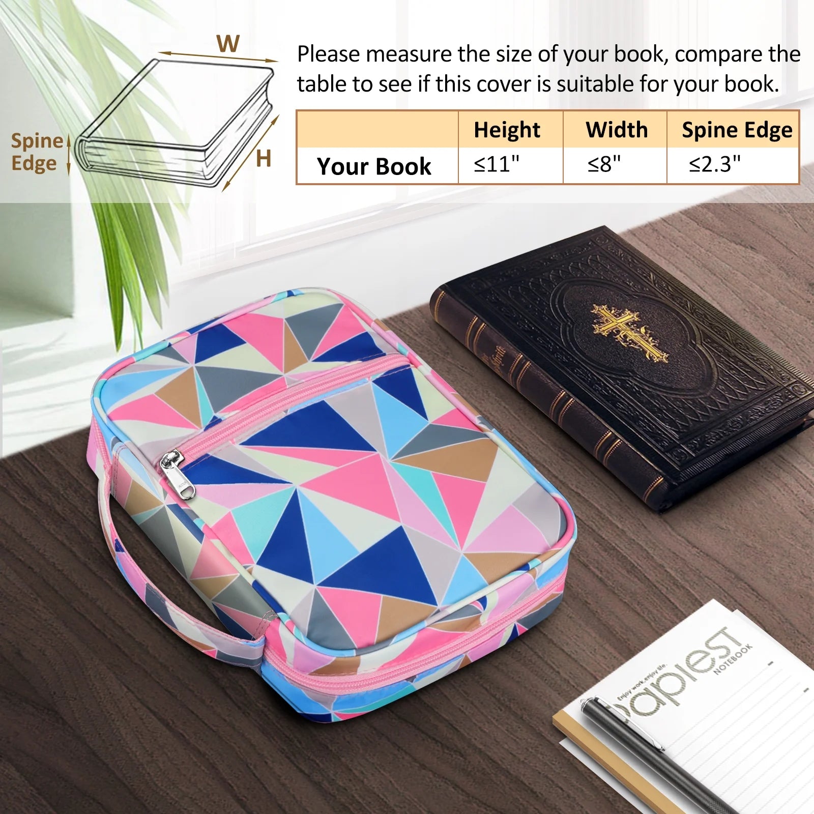 Bible Cover, Carrying Book Case Church Bag Bible Protective with Handle and Zippered Pocket, Perfect Gift for Men Women Father, Geometric-Pink