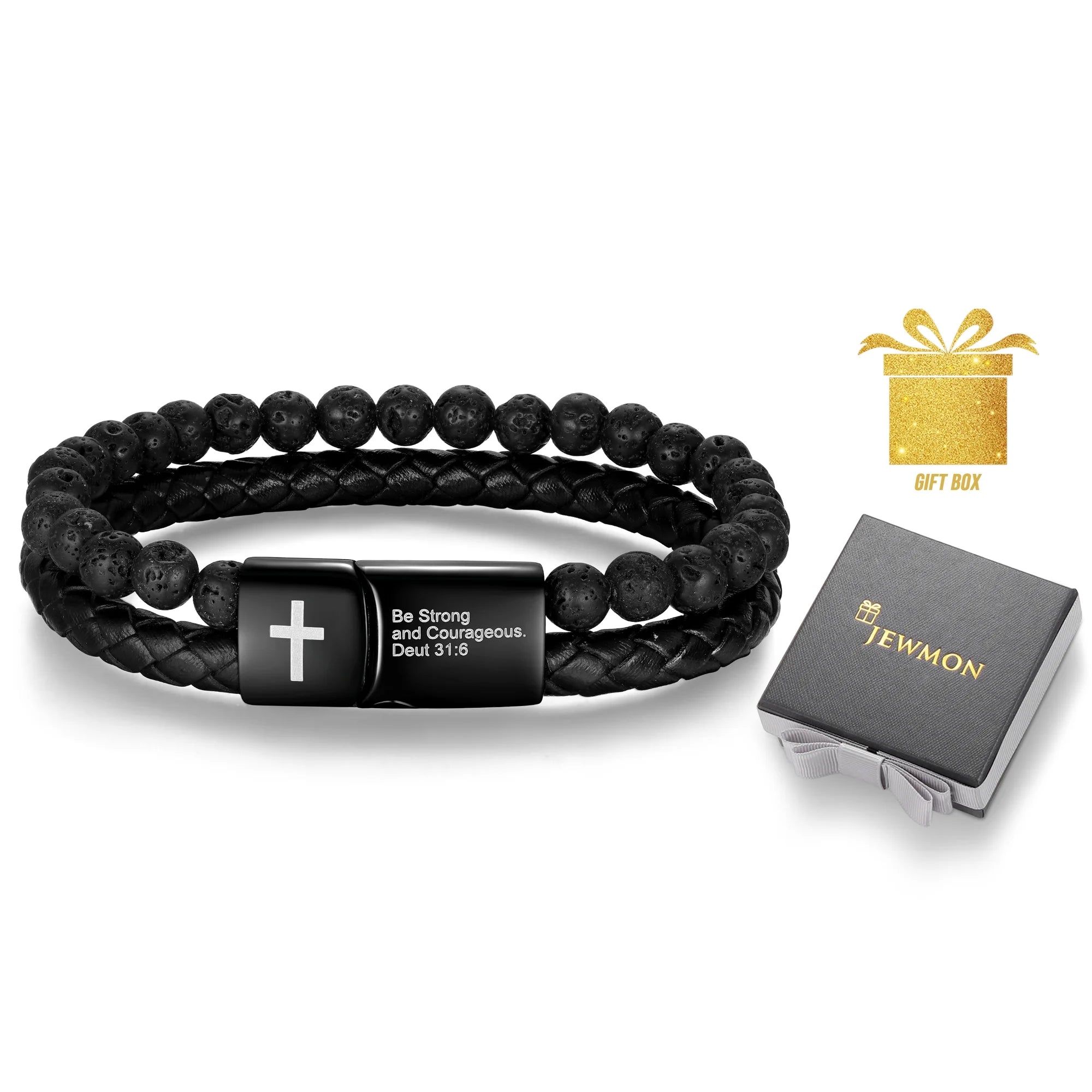 Bible Verse Cross Bracelet for Men Stainless Steel Lava Rock Bead Leather Cuff Bracelet Christian Jewelry