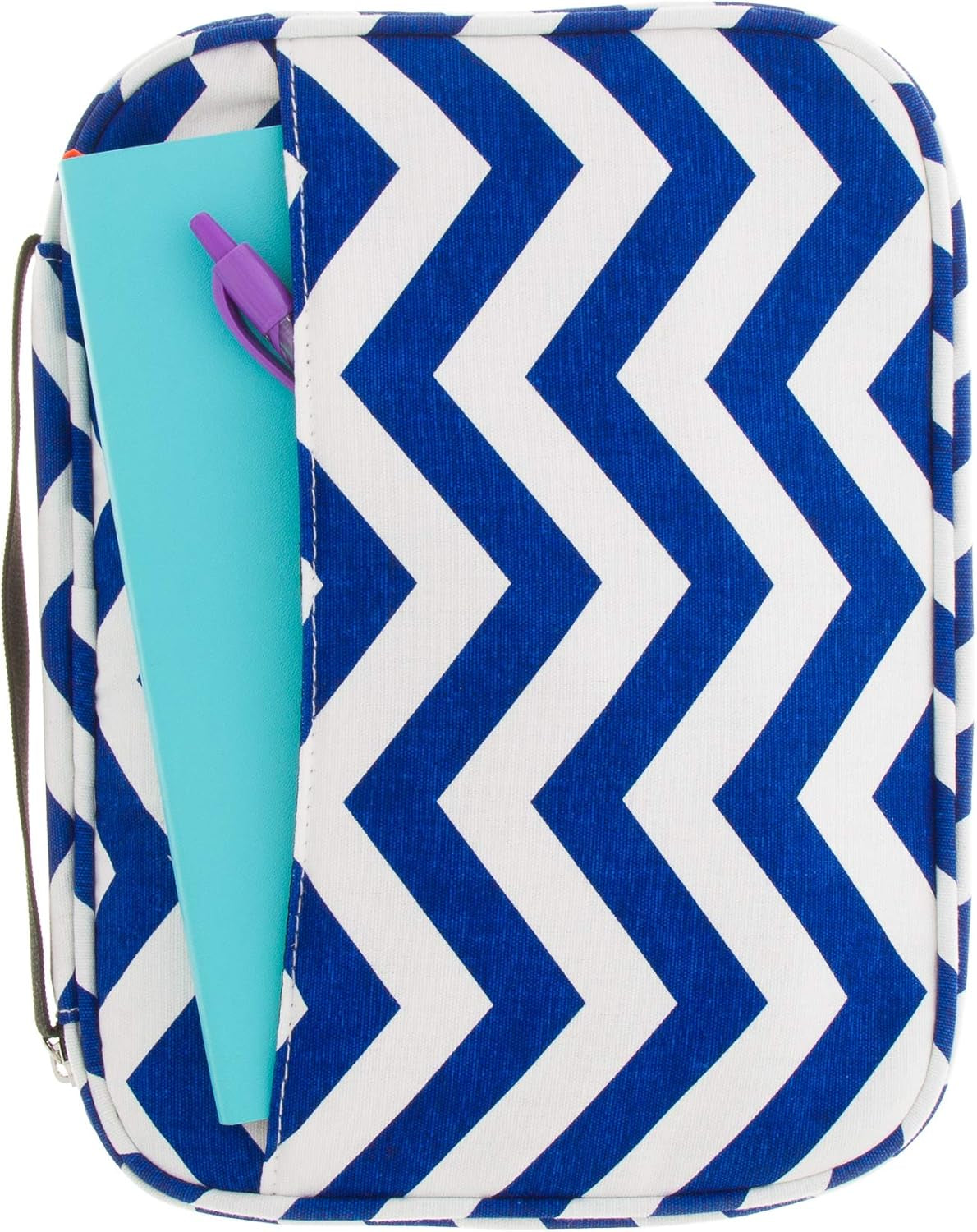 Premium Canvas Compact Bible Cover with Carrying Handle, Book Protector with Pockets Colorful Chevron Bible Case with Zipper and Pen Holder for Women, Girls, Ladies (Navy Chevron)