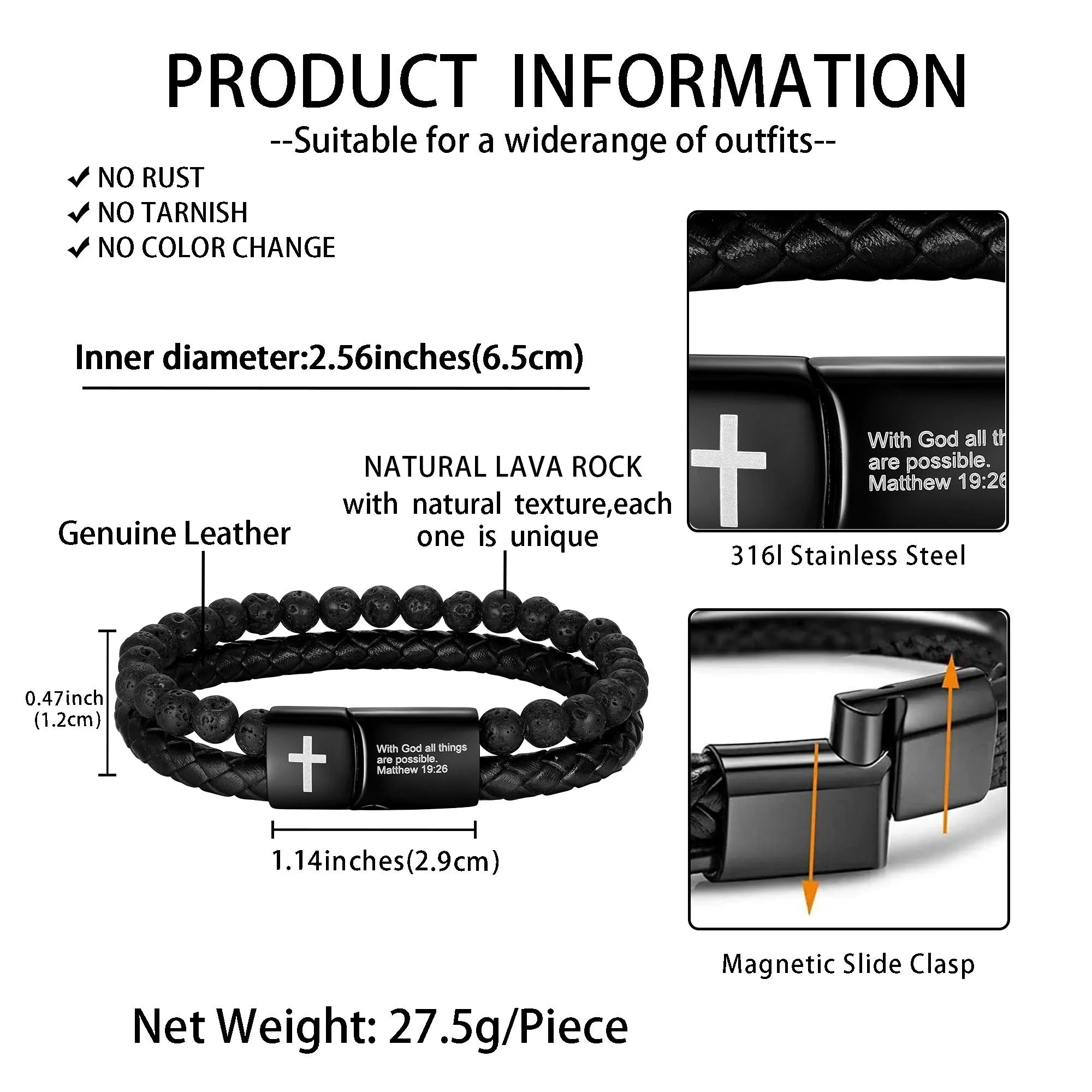 Bible Verse Cross Bracelet for Men Stainless Steel Lava Rock Bead Leather Cuff Bracelet Christian Jewelry