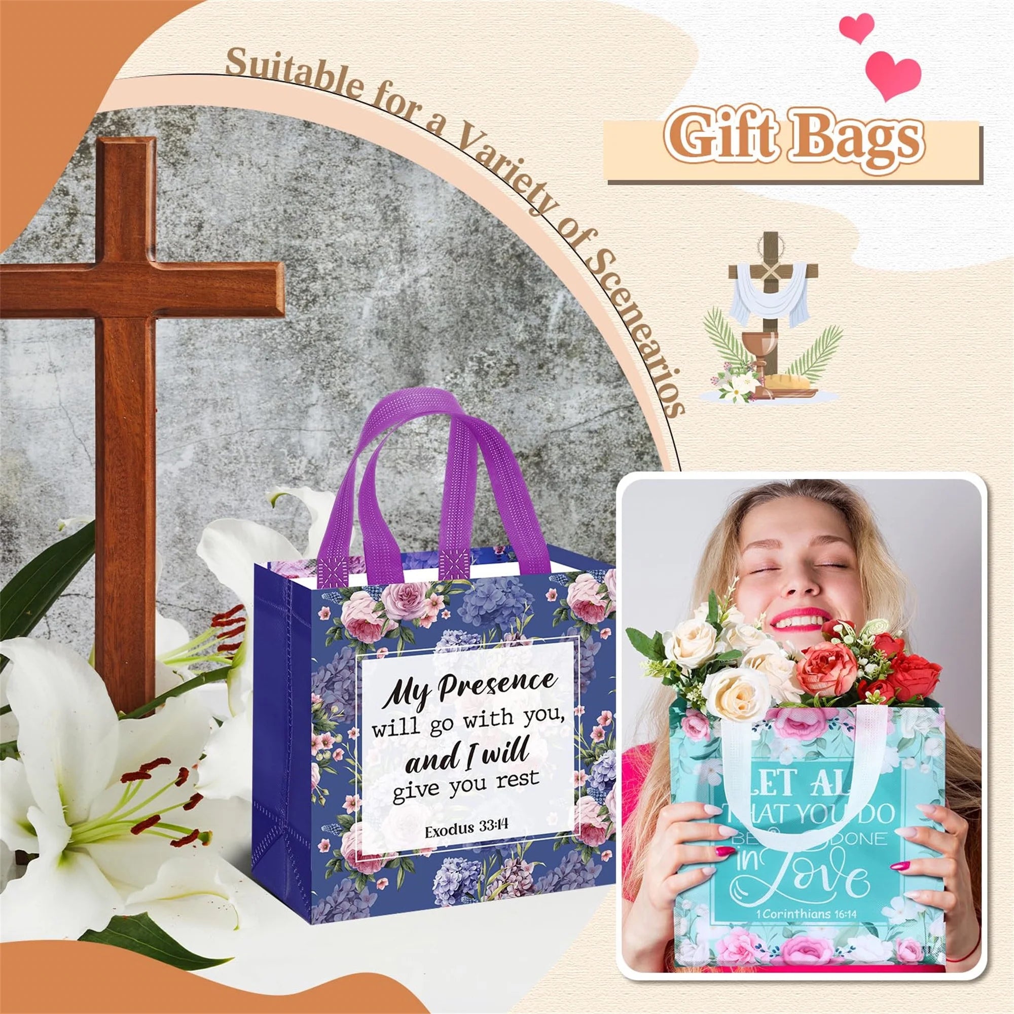 32 Pcs Bible Verse Flower Gift Bag with Handles Religious Reusable Gift Bags Bulk Christian Baptism Tote Bags Non Woven Gift Bags for Women Wedding Birthday Gift Wrapping Bags