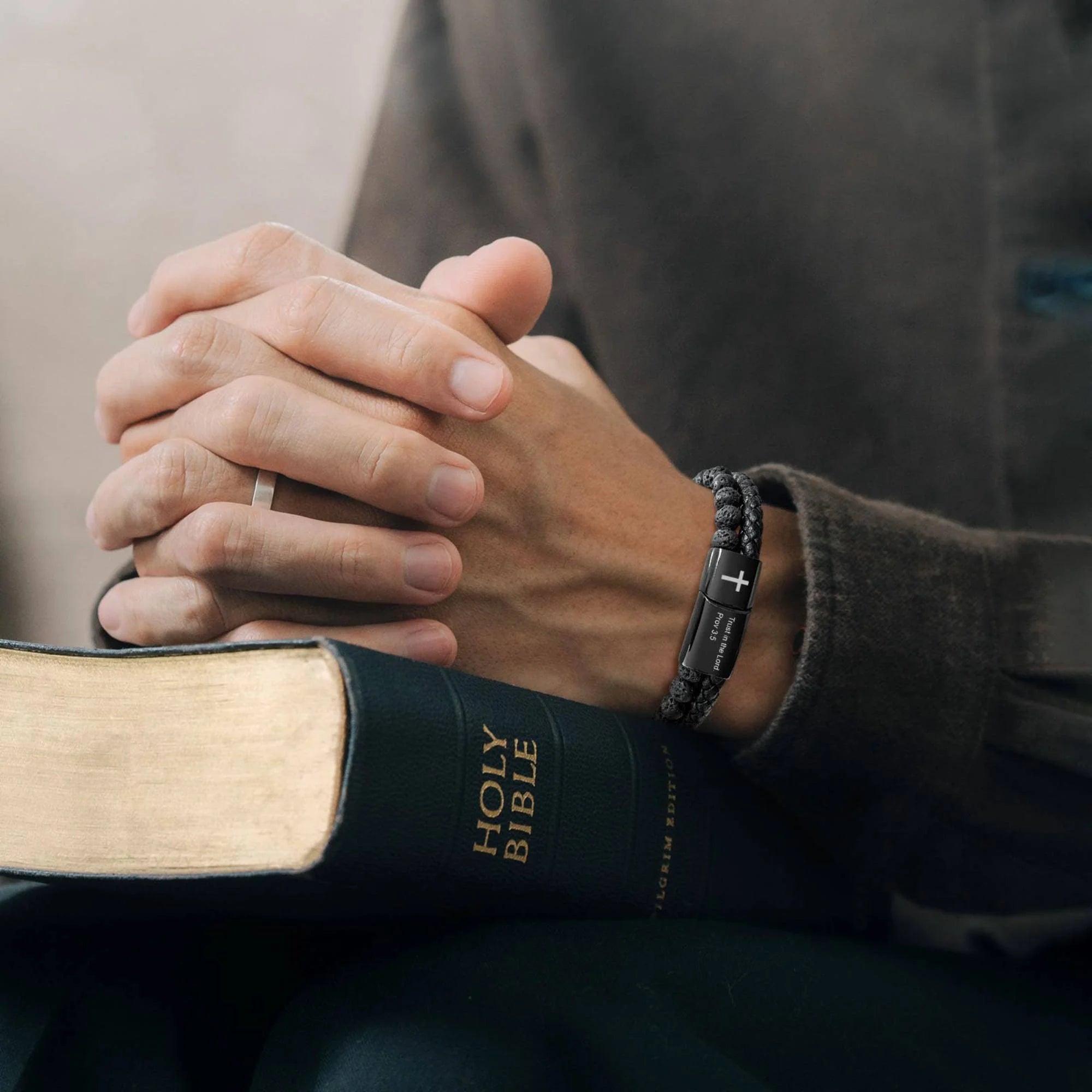 Bible Verse Cross Bracelet for Men Stainless Steel Lava Rock Bead Leather Cuff Bracelet Christian Jewelry