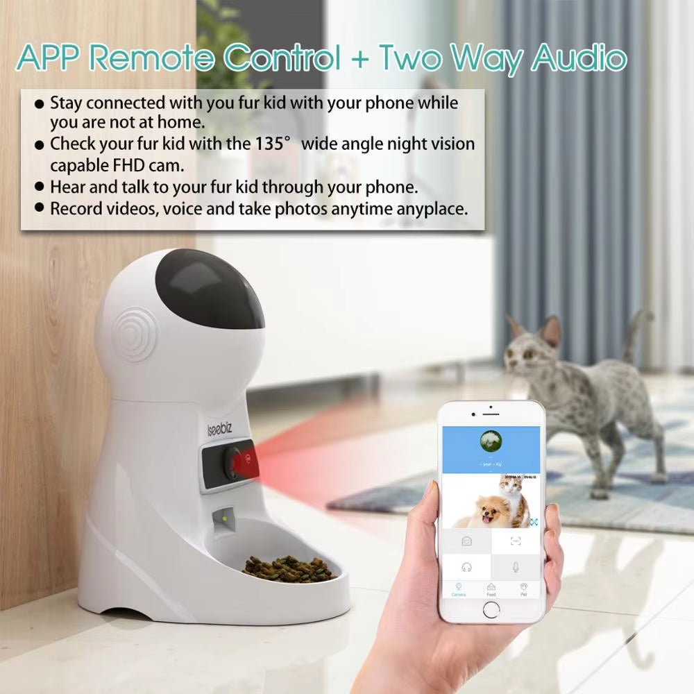 Iseebiz 3L Automatic Pet Feeder with Voice Record Pets Food Bowl for Medium Small Dog Cat LCD Screen Dispensers 4 Times One Day